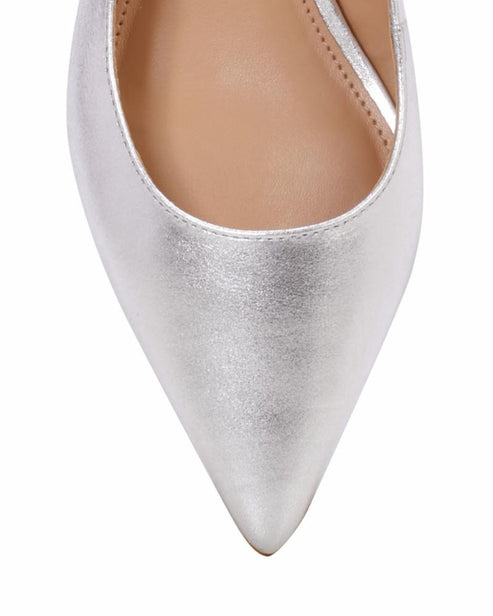 Close-up of a silver pointed toe shoe.