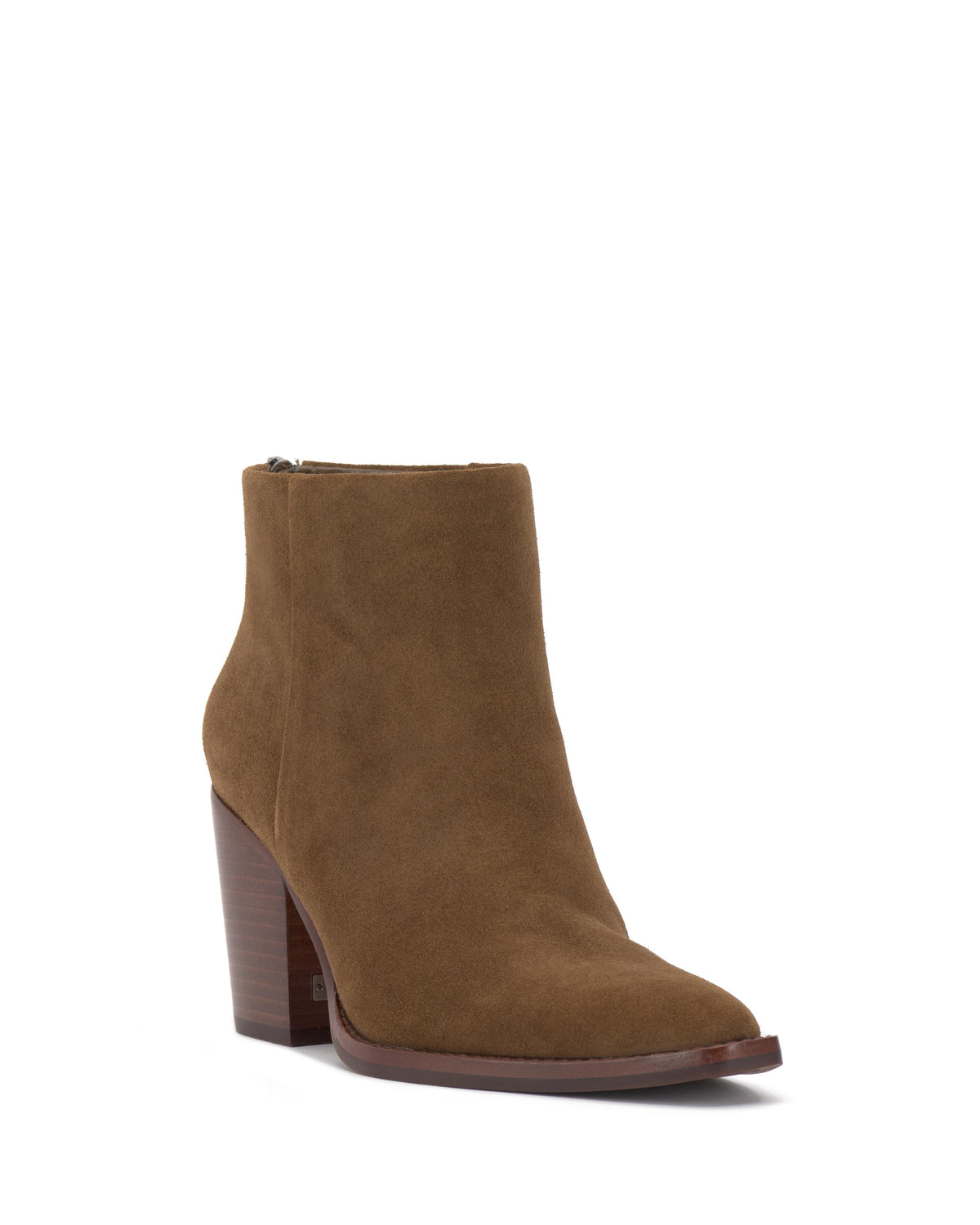 Light brown ankle boot with block heel and side zipper.