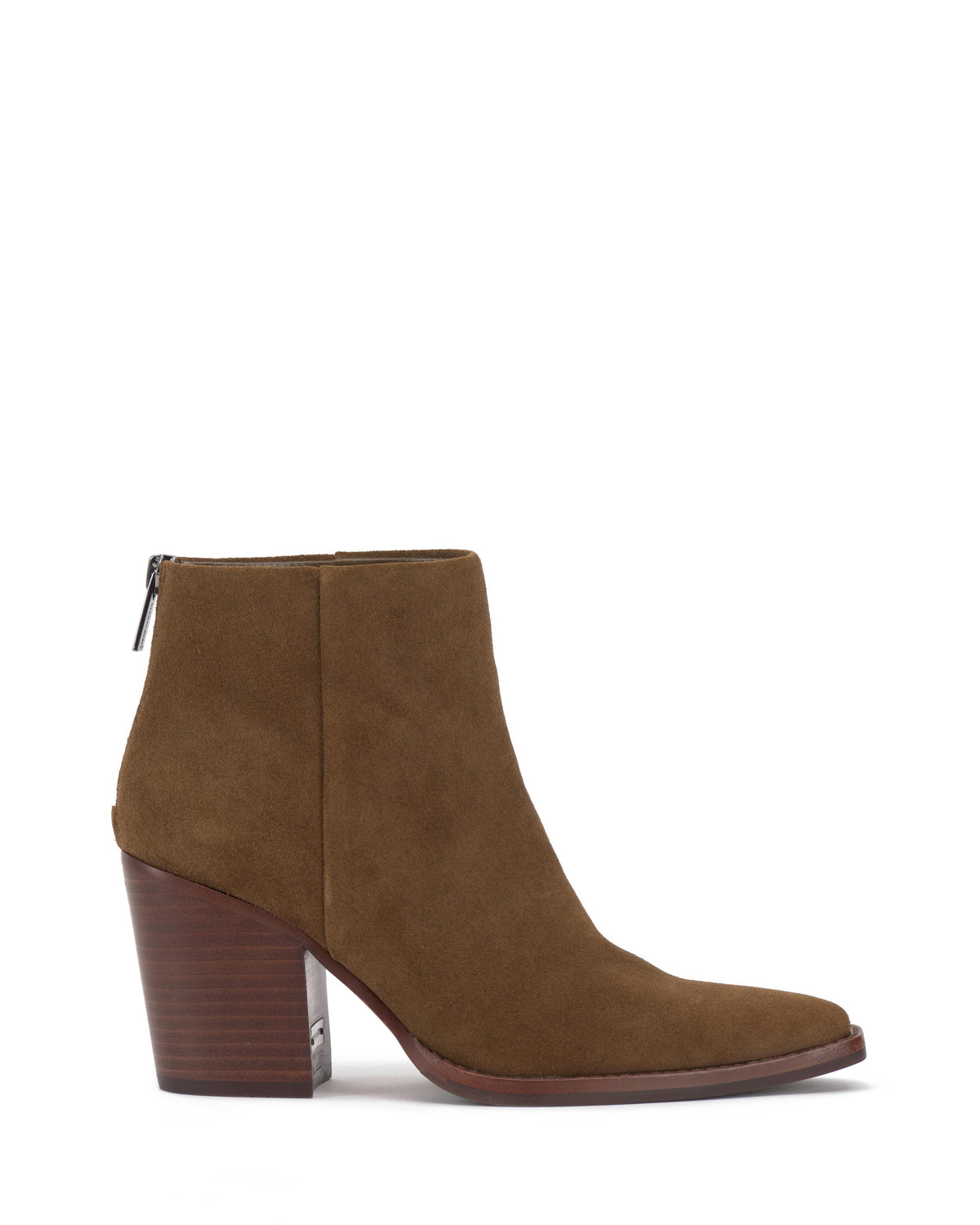 A brown suede ankle boot with a block heel and a pointed toe.