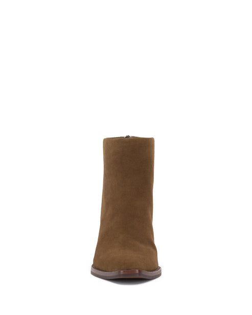 Close-up of brown ankle boot with block heel.