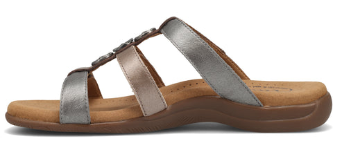 Silver slide sandals with beaded accents on straps.