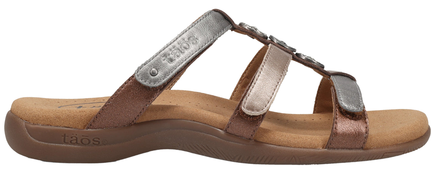 A side view of metallic sandals with adjustable straps and a comfortable footbed.