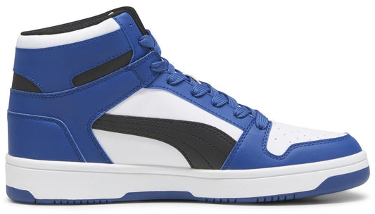 High top sneaker in blue and white with a black stripe.