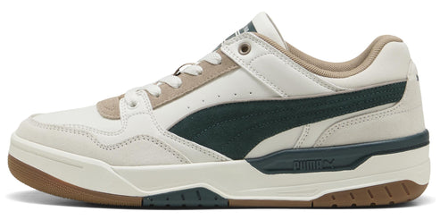 A low-top sneaker with white leather, a dark green stripe, and brown accents.