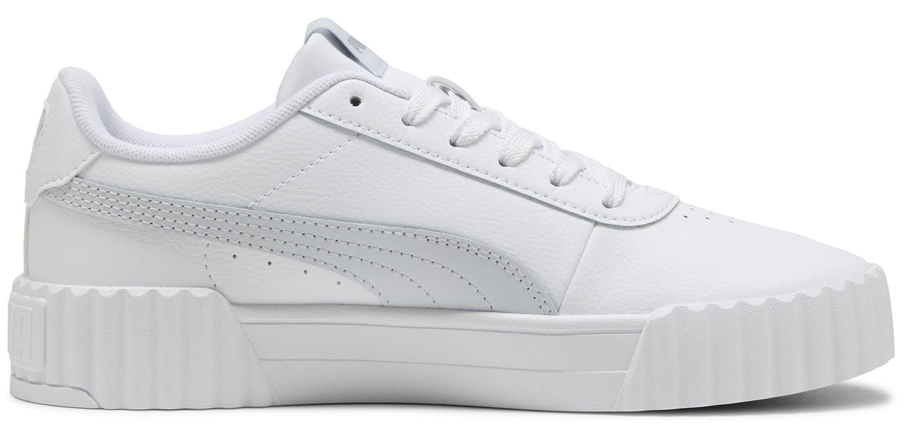 A white sneaker with a white sole and white laces.