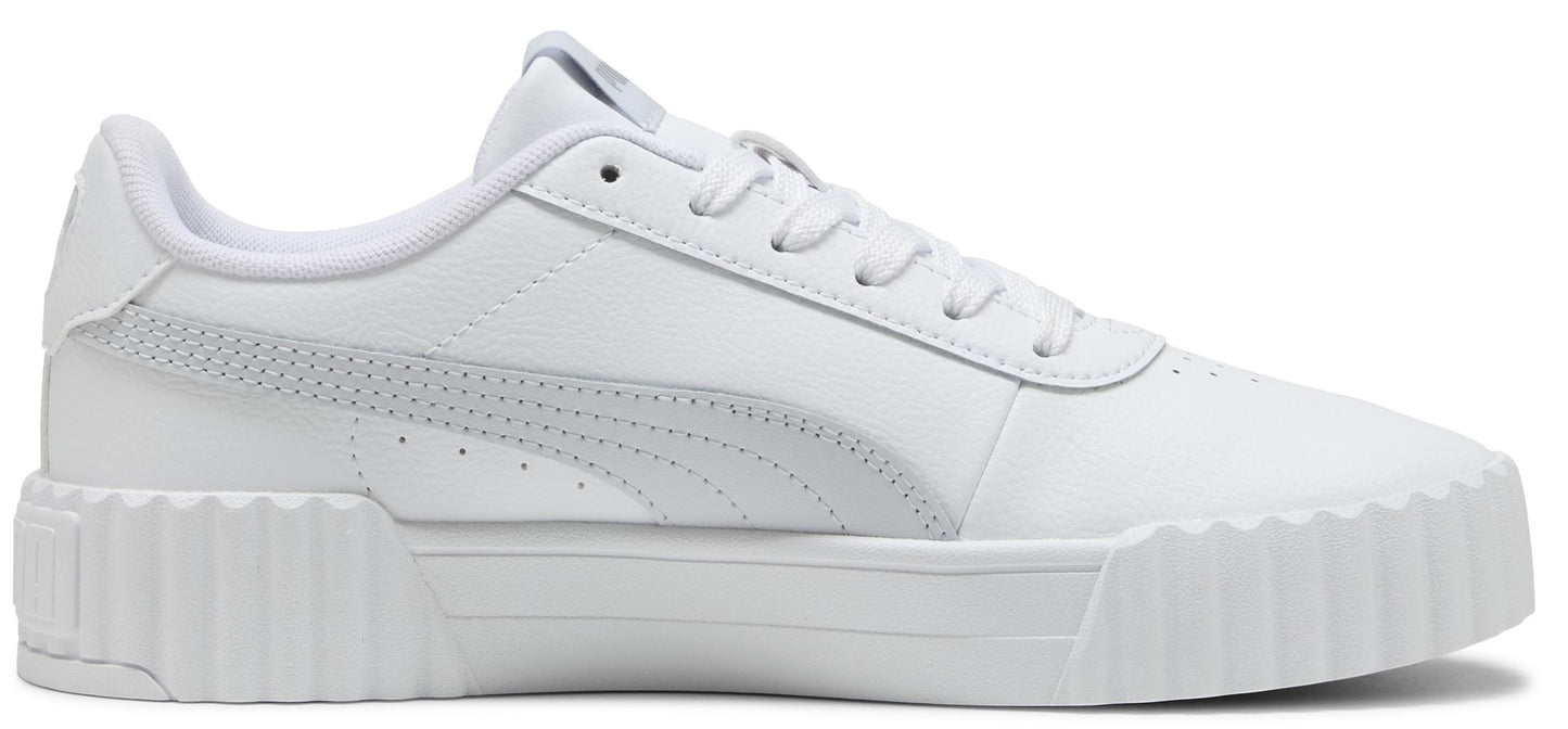 A white sneaker with a white sole and white laces.