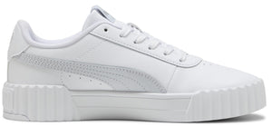 A white sneaker with a white sole and white laces.