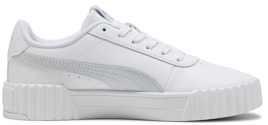 A white sneaker with a white sole and white laces.