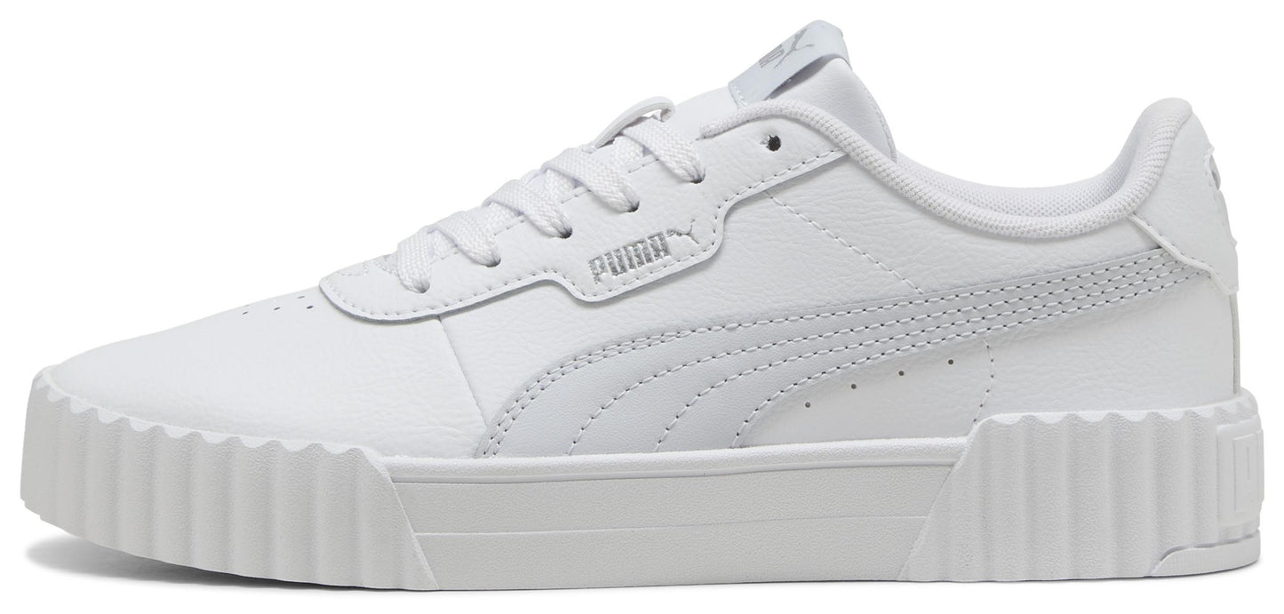 A white sneaker with white laces and a thick, white sole.