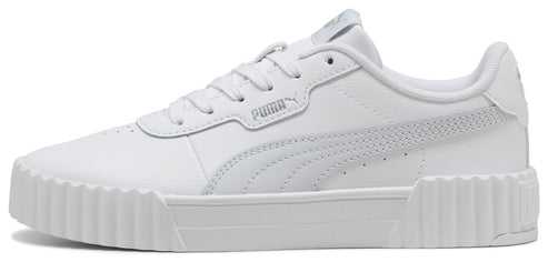 A white sneaker with white laces and a thick, white sole.