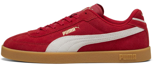 A red sneaker with a white side stripe and a brown sole.