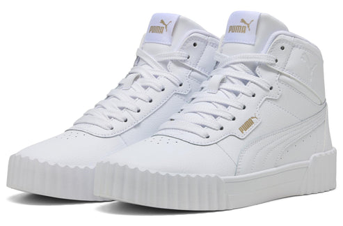 A pair of white high-top sneakers with white laces and a white sole.