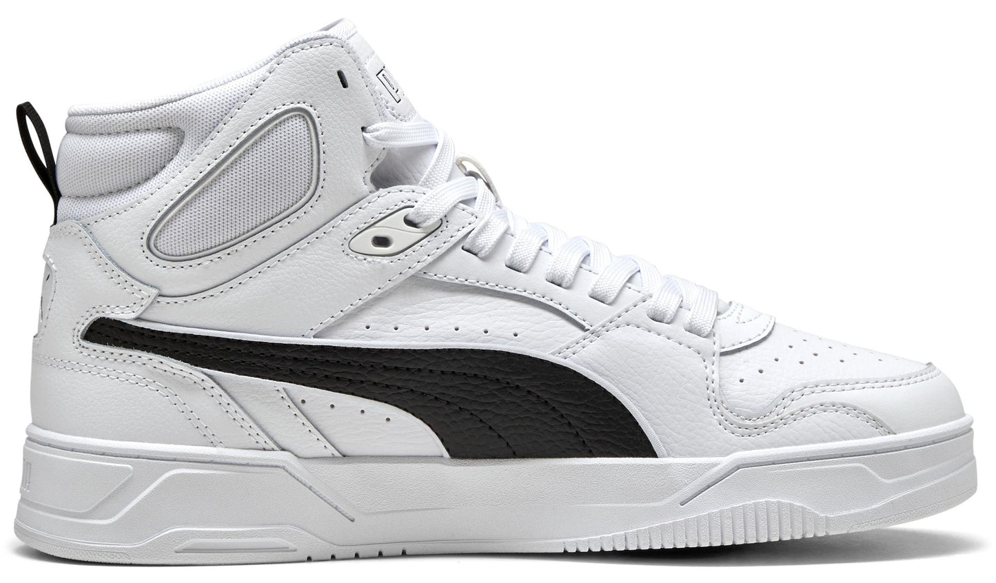 White high-top sneaker with a black swoosh.