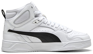 White high-top sneaker with a black swoosh.