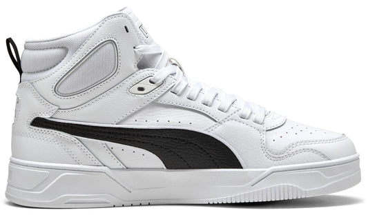 White high-top sneaker with a black swoosh.