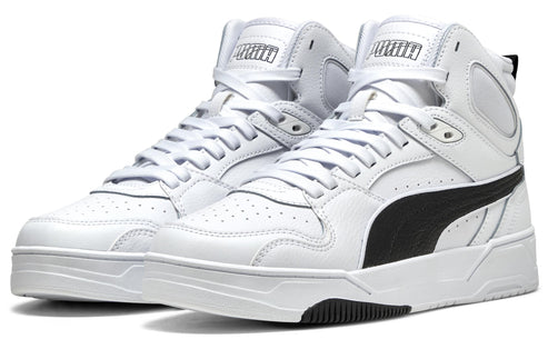 Pair of high-top white sneakers with black swoosh and white laces.