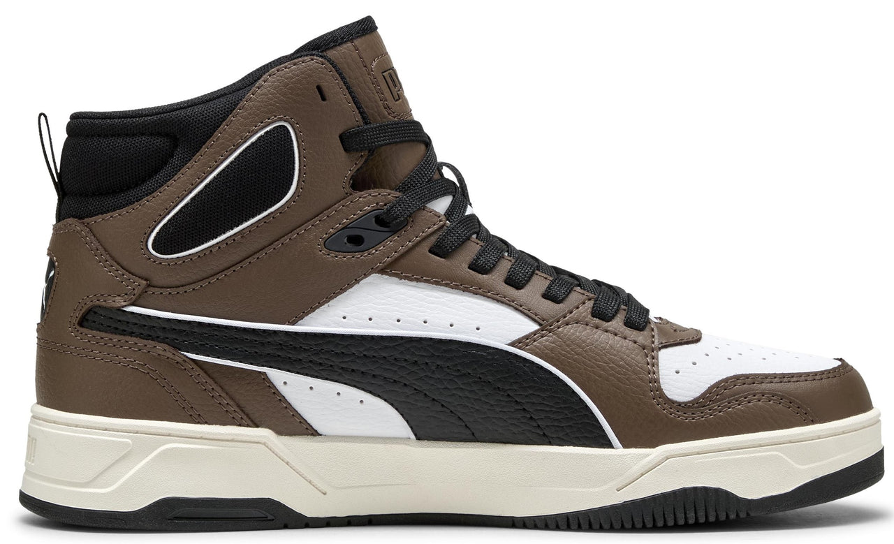 A brown and white high-top sneaker with black laces and a black swoosh on the side.