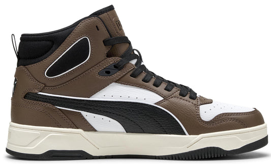 A brown and white high-top sneaker with black laces and a black swoosh on the side.