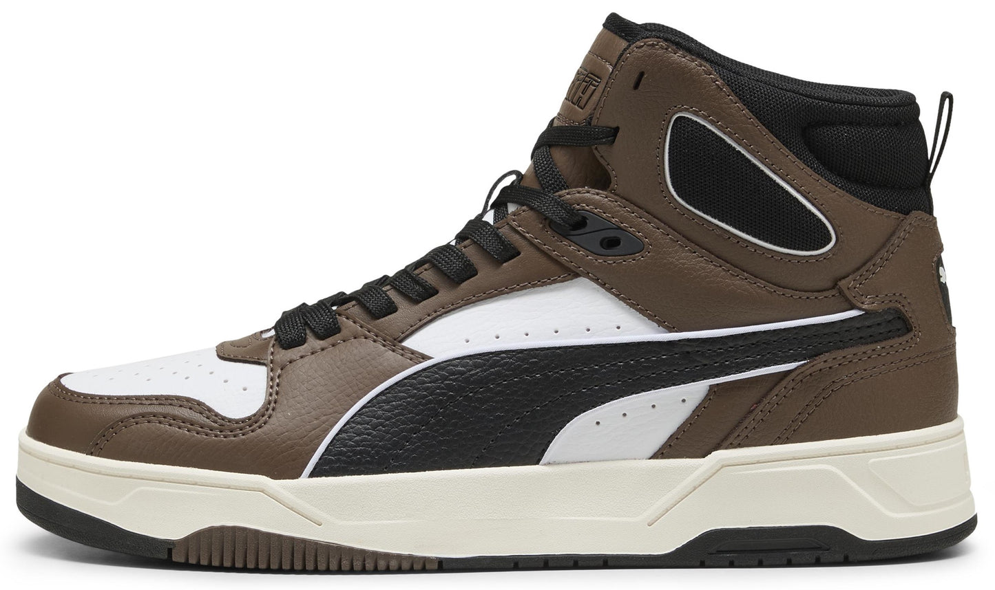 A mid-top sneaker in shades of brown, black, and white with black laces.