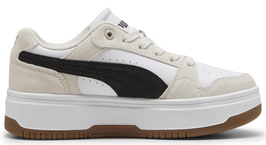 Low-top sneaker with a black stripe on a white and beige upper and white platform sole with brown accent.