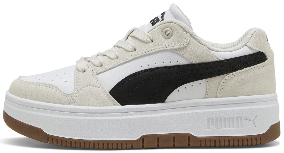 Low-top sneaker with a white and beige leather upper, a black stripe across the side, and a thick white rubber sole.