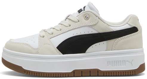 Low-top sneaker with a white and beige leather upper, a black stripe across the side, and a thick white rubber sole.