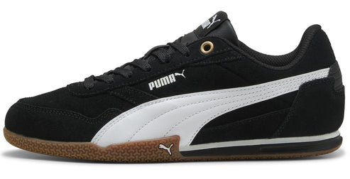 A black sneaker with a white stripe and a brown sole. PUMA logo on the side.