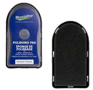 Two Blundstone polishing pads. One is blue labeled with the text 'Polishing Pad', and 'Eponge de Polissage'. There is a description of the pad that says it lightly conditions and cleans smooth leather and is 'neutral' in color. The other image is of a black sponge pad for polishing. 