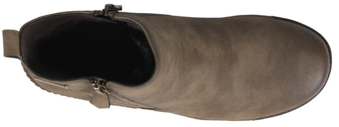 Tan ankle boot with side zipper, viewed from the top.