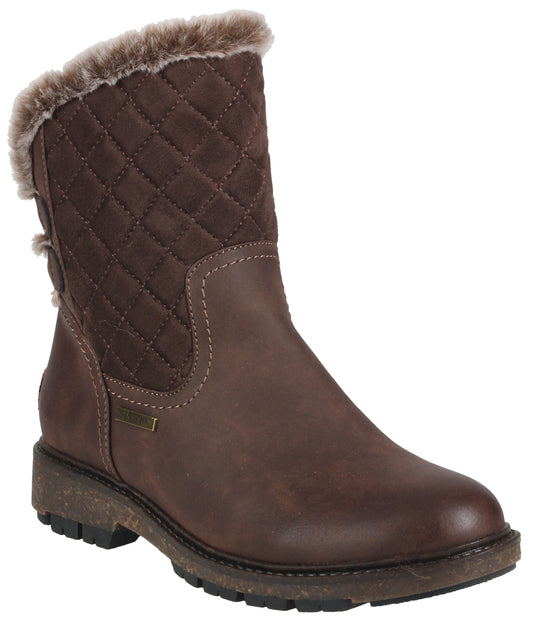Brown ankle boot with faux fur trim and a quilted upper.