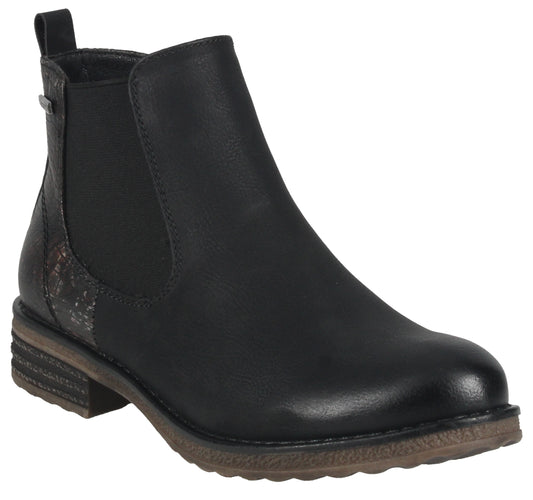 Black Chelsea boot with elastic side panel and low heel.