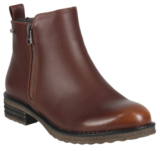 A women's dark brown leather ankle boot with a side zipper and a low stacked heel.