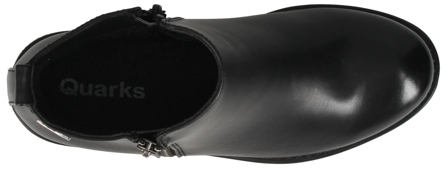 Top-down view of a black leather boot with a side zipper and a "Quarks" logo visible on the inner lining.