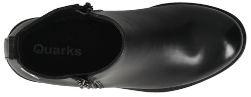 Top-down view of a black leather boot with a side zipper and a "Quarks" logo visible on the inner lining.