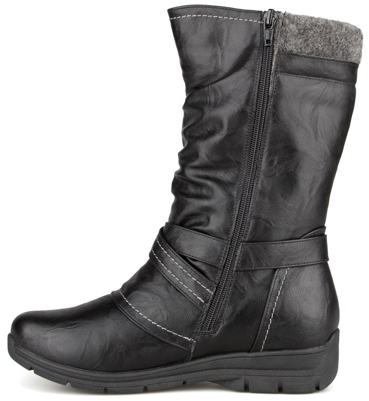 A black calf-length boot with a slight slouchy shaft, a side zipper, a decorative ankle strap with white contrast stitching, and a grey wool-like cuff at the top, shown from a side profile against a white background.