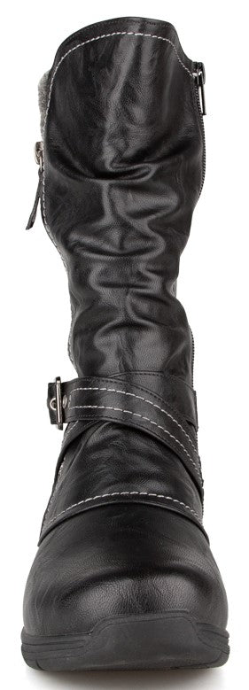 A black, mid-calf, faux leather slouchy boot viewed from the front, featuring a decorative wrap-around strap with a silver buckle and contrast white stitching near the ankle and top shaft.
