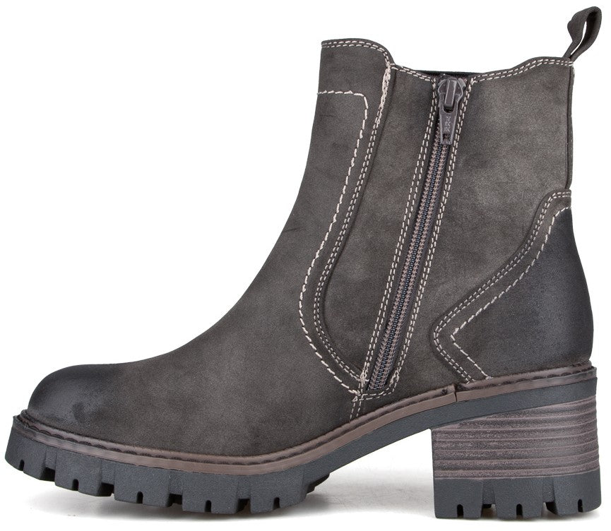 A gray ankle boot with a side zipper, white contrast stitching, and a thick, chunky lug sole with a block heel.