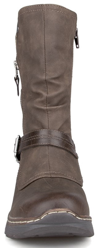 A brown, mid-calf, leather-like boot with a rounded toe, a side zipper, and an adjustable buckled strap across the ankle, featuring white contrast stitching along the sole edge.