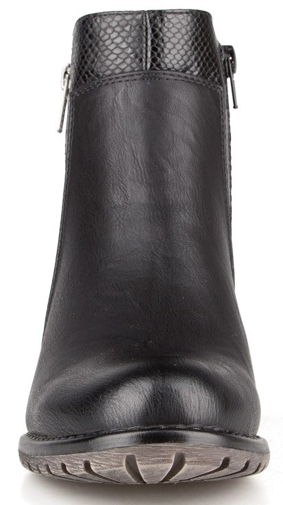 A black faux leather ankle boot with a snakeskin texture on the upper ankle cuff, viewed from the front, featuring side zippers and a low-profile sole with a textured tread.