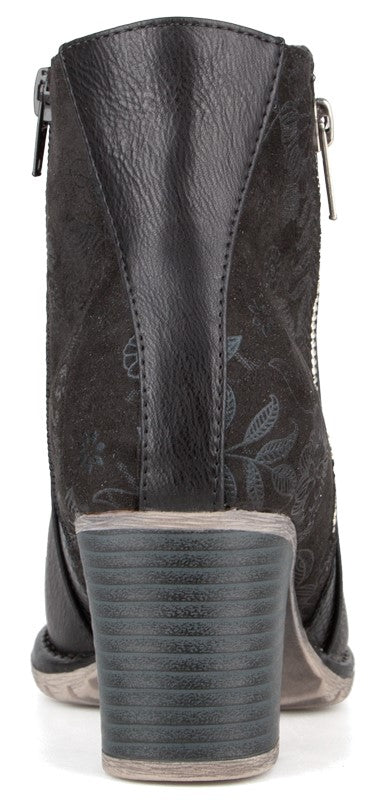 Rear view of a black ankle boot featuring a textured floral pattern, a thick stacked block heel, and a vertical zipper along each side of the shaft.