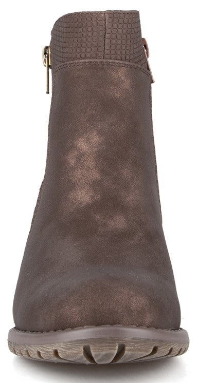 A metallic bronze-colored ankle boot with a textured ankle cuff and a side zipper, featuring a rounded toe and a low, grooved rubber sole.