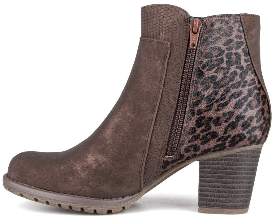 A brown ankle boot with a block heel, a side zipper, and a textured animal print pattern on the heel and back section.