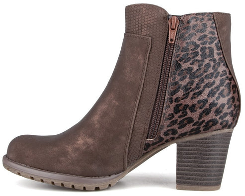 A brown ankle boot with a block heel, a side zipper, a smooth metallic toe area, a snakeskin-textured vertical panel, and a leopard-print heel counter.
