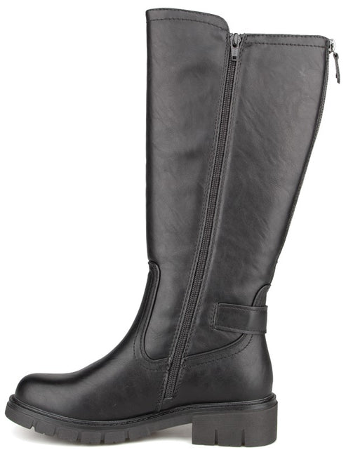 A black, knee-high, synthetic leather boot with a side zipper closure, a small horizontal strap detail at the ankle, and a thick, lug-style rubber heel and sole.