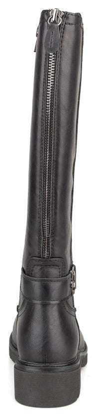 Rear view of a black knee-high leather boot featuring a full-length back zipper and a buckled strap detail near the heel.