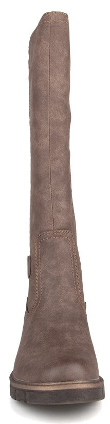 A tall, taupe-colored, flat-heeled boot with a textured, faux-suede finish and a slightly rounded toe, shown from the front view.