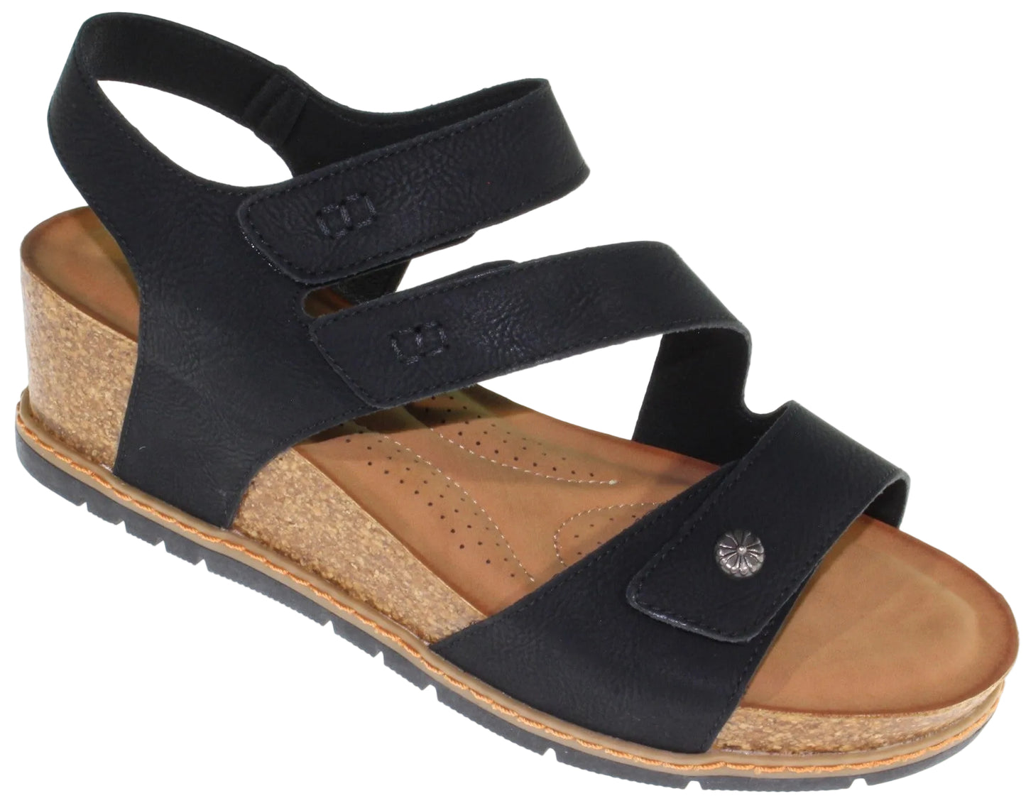 Black sandal with cork wedge heel, 3 straps with velcro closure.