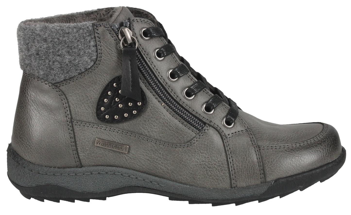 Gray ankle boot with gray wool collar, side zipper, and black laces.