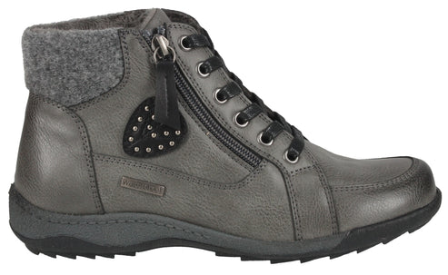 Gray ankle boot with gray wool collar, side zipper, and black laces.