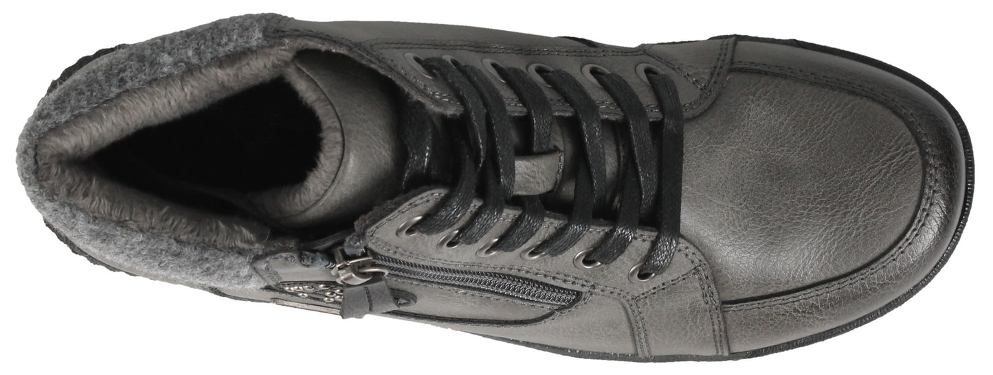 A gray high-top sneaker with black laces and a side zipper.